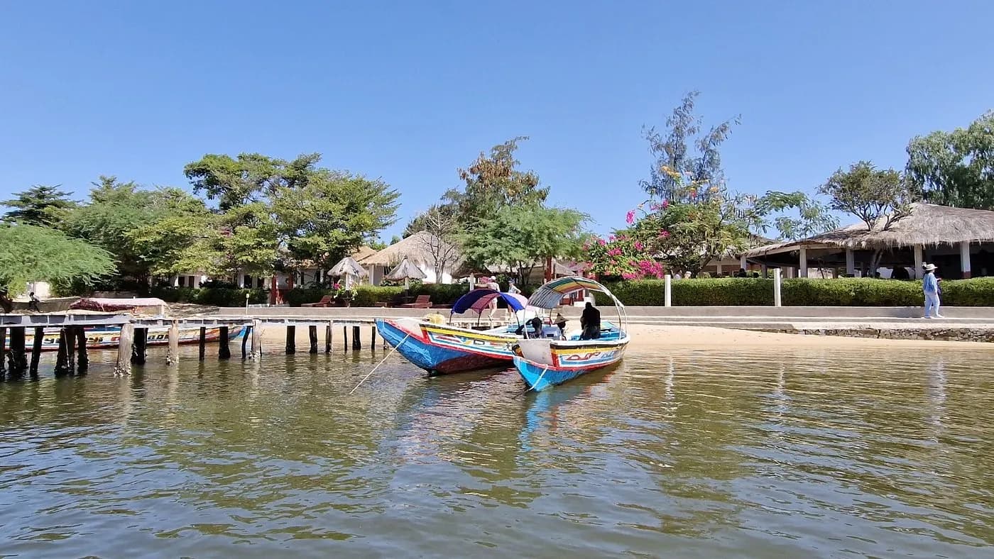 Painted pirogues moored off a sandy beach in the Saloum Delta